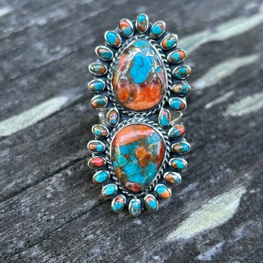 Turquoise Spiny Oyster Ring Gorgeous Spiny Oyster Sterling Silver Cluster Ring Statement Ring Southwestern Style Ring