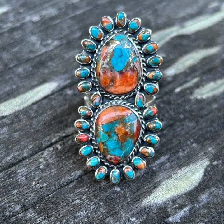 Turquoise Spiny Oyster Ring Gorgeous Spiny Oyster Sterling Silver Cluster Ring Statement Ring Southwestern Style Ring