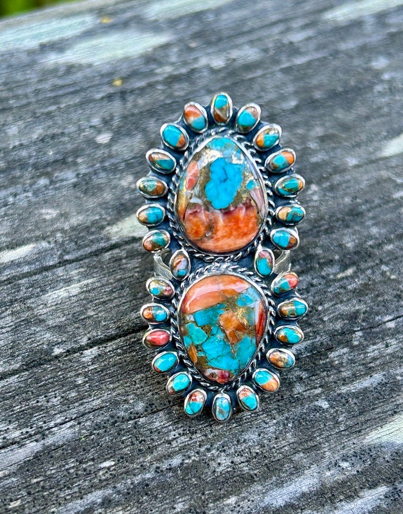 Turquoise Spiny Oyster Ring Gorgeous Spiny Oyster Sterling Silver Cluster Ring Statement Ring Southwestern Style Ring