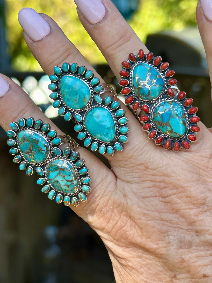 Genuine Turquoise and Coral Ring Southwestern Jewelry Gift for Her Statement Turquoise Ring