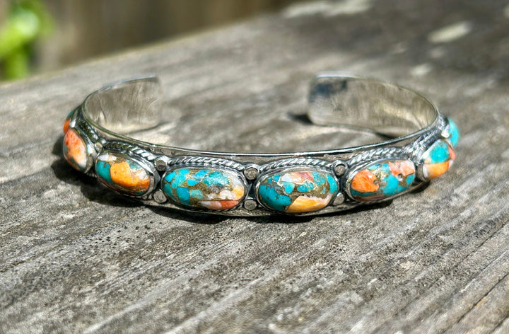 Genuine Turquoise and Spiny Oyster 925 Silver Bracelets Southwestern Style Stackable Layering Cuff Lots of Spiny Oyster on this Cuff