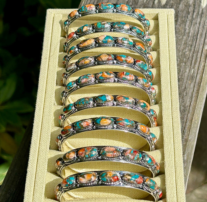 Genuine Turquoise and Spiny Oyster 925 Silver Bracelets Southwestern Style Stackable Layering Cuff Lots of Spiny Oyster on this Cuff