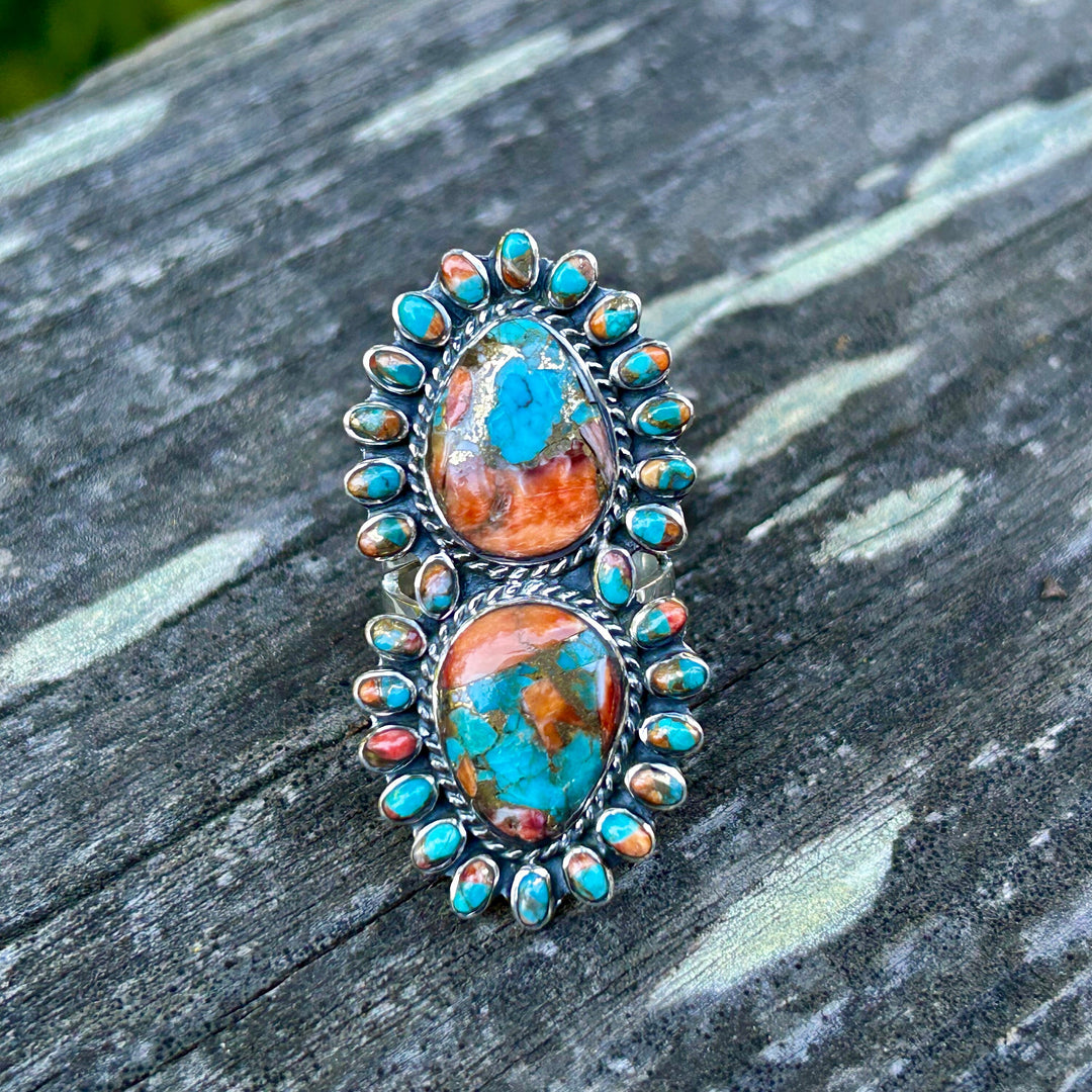 Turquoise Spiny Oyster Ring Gorgeous Spiny Oyster Sterling Silver Cluster Ring Statement Ring Southwestern Style Ring