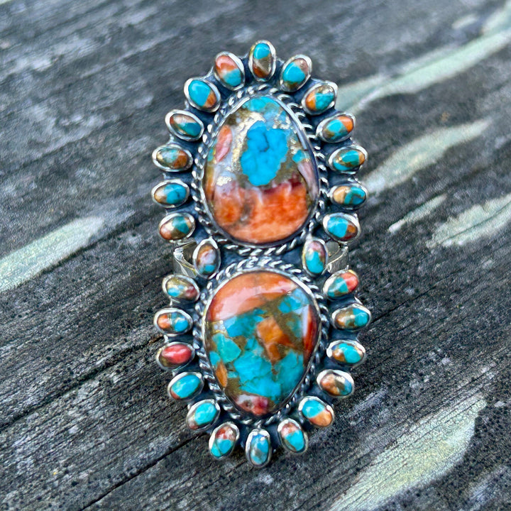 Turquoise Spiny Oyster Ring Gorgeous Spiny Oyster Sterling Silver Cluster Ring Statement Ring Southwestern Style Ring