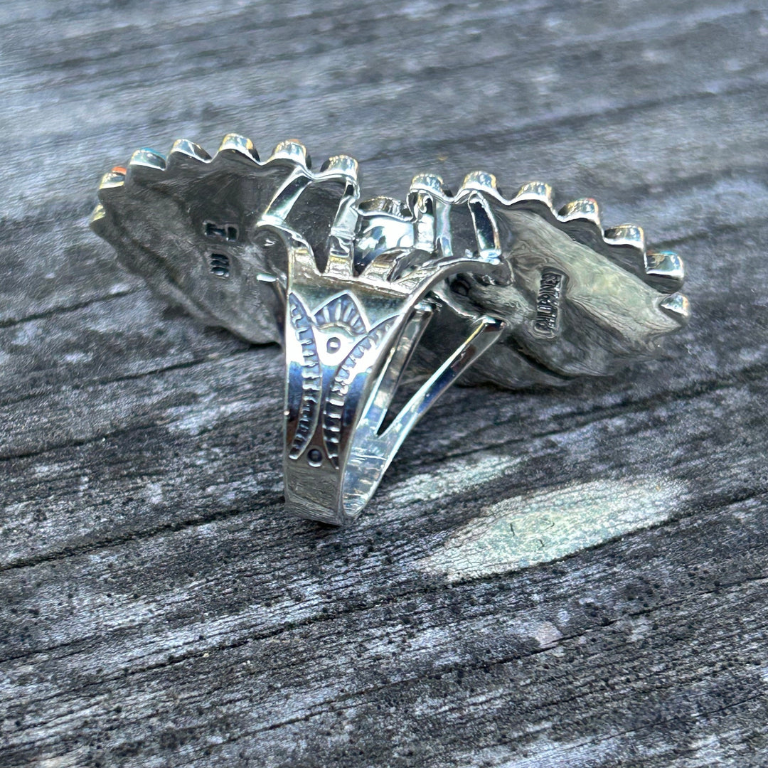 Turquoise Spiny Oyster Ring Gorgeous Spiny Oyster Sterling Silver Cluster Ring Statement Ring Southwestern Style Ring