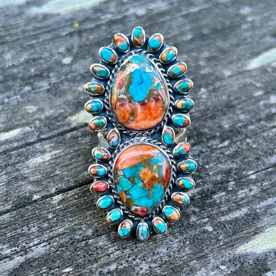 Turquoise Spiny Oyster Ring Gorgeous Spiny Oyster Sterling Silver Cluster Ring Statement Ring Southwestern Style Ring