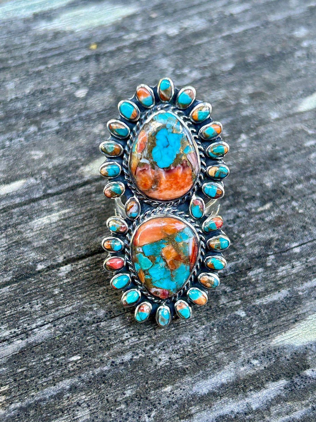 Turquoise Spiny Oyster Ring Gorgeous Spiny Oyster Sterling Silver Cluster Ring Statement Ring Southwestern Style Ring