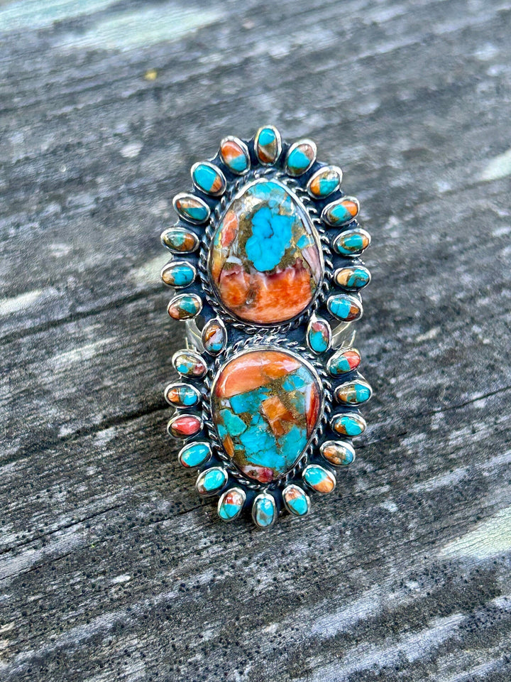 Turquoise Spiny Oyster Ring Gorgeous Spiny Oyster Sterling Silver Cluster Ring Statement Ring Southwestern Style Ring