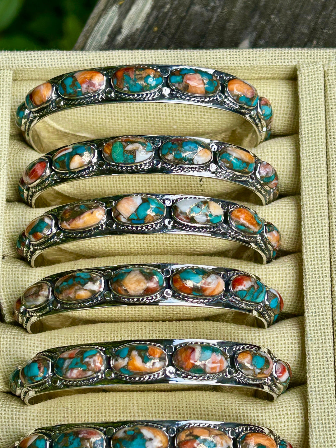 Genuine Turquoise and Spiny Oyster 925 Silver Bracelets Southwestern Style Stackable Layering Cuff Lots of Spiny Oyster on this Cuff