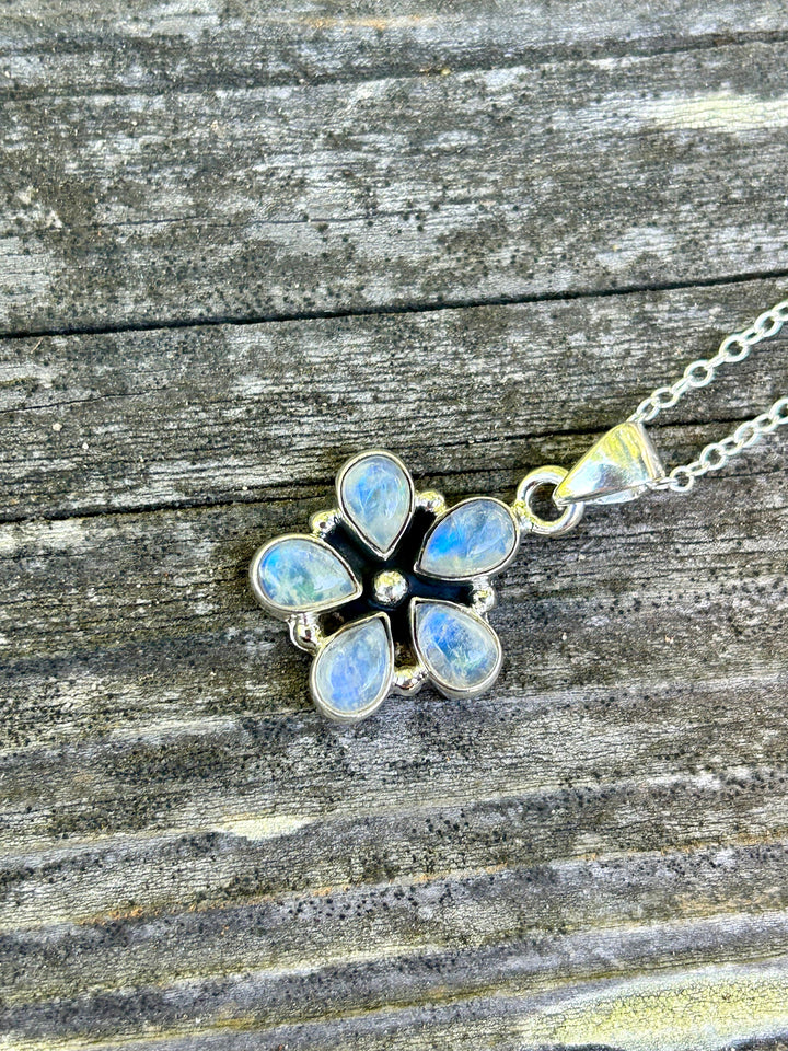 Rainbow Moonstone Flower Pendant Necklace:  Sterling Silver, Sterling Chain