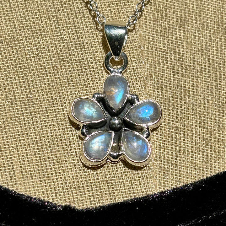 Rainbow Moonstone Flower Pendant Necklace:  Sterling Silver, Sterling Chain
