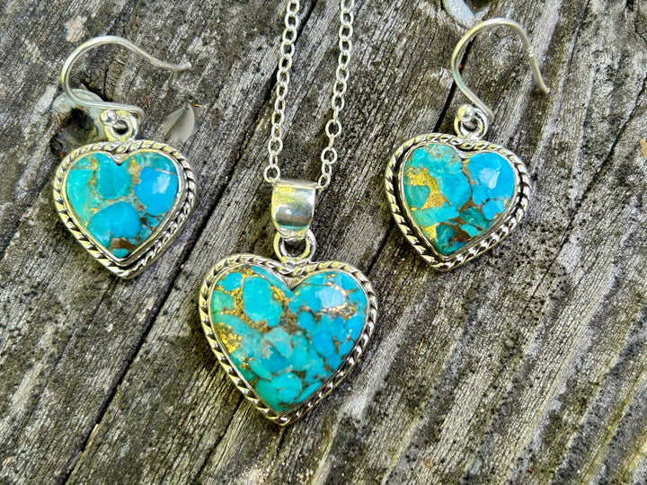 Turquoise Copper Matrix Heart Pendant & Earrings Set-Sterling Silver