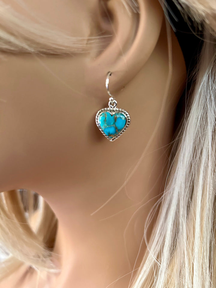Turquoise Copper Matrix Heart Pendant & Earrings Set-Sterling Silver
