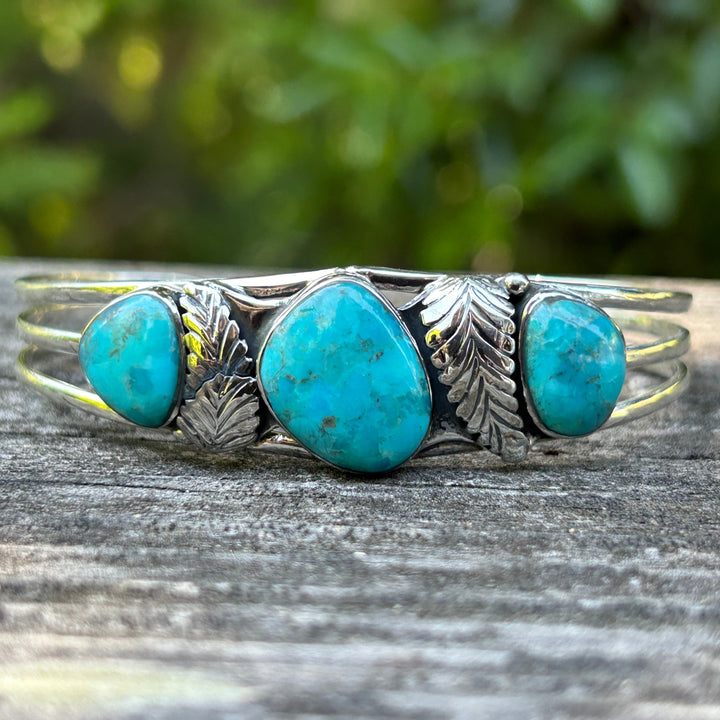 Genuine Turquoise Silver Feather 3 Stone Bracelet Turquoise Cuff Southwestern Style Cuff