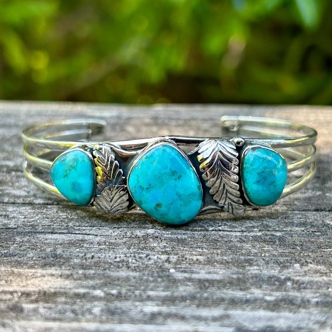 Genuine Turquoise Silver Feather 3 Stone Bracelet Turquoise Cuff Southwestern Style Cuff