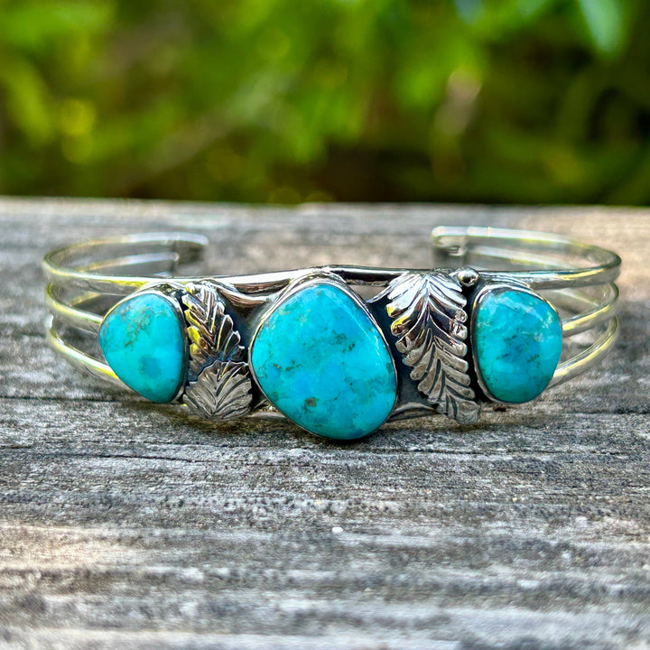 Genuine Turquoise Silver Feather 3 Stone Bracelet Turquoise Cuff Southwestern Style Cuff