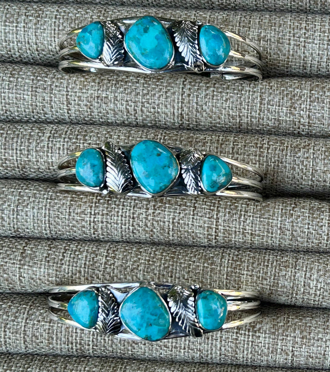 Genuine Turquoise Silver Feather 3 Stone Bracelet Turquoise Cuff Southwestern Style Cuff