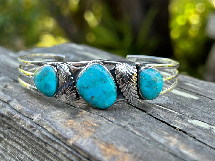 Genuine Turquoise Silver Feather 3 Stone Bracelet Turquoise Cuff Southwestern Style Cuff
