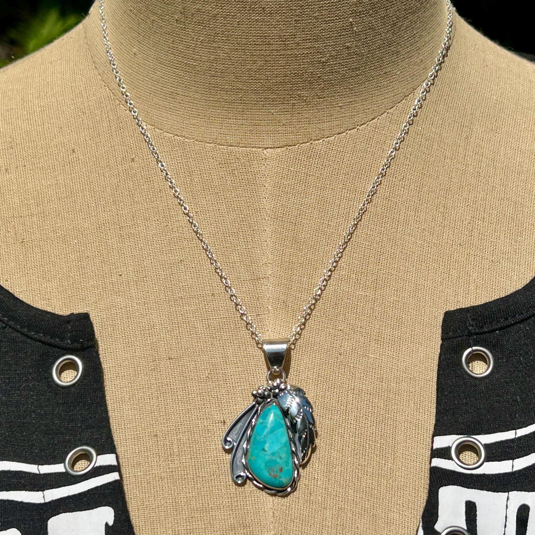 Turquoise Feather Pendant Necklace:  Sterling Chain, Southwestern Design