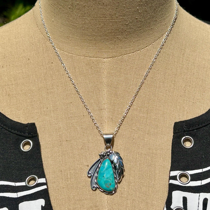 Turquoise Feather Pendant Necklace:  Sterling Chain, Southwestern Design