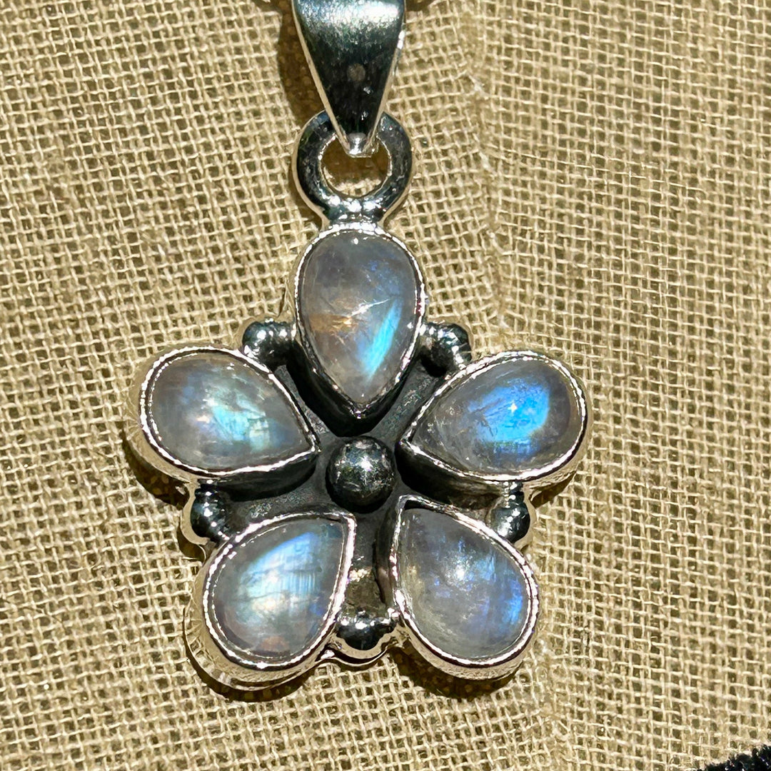 Rainbow Moonstone Flower Pendant Necklace:  Sterling Silver, Sterling Chain