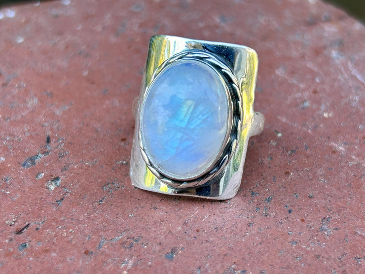 Sterling Silver Rainbow Moonstone Ring: Boho Statement Jewelry