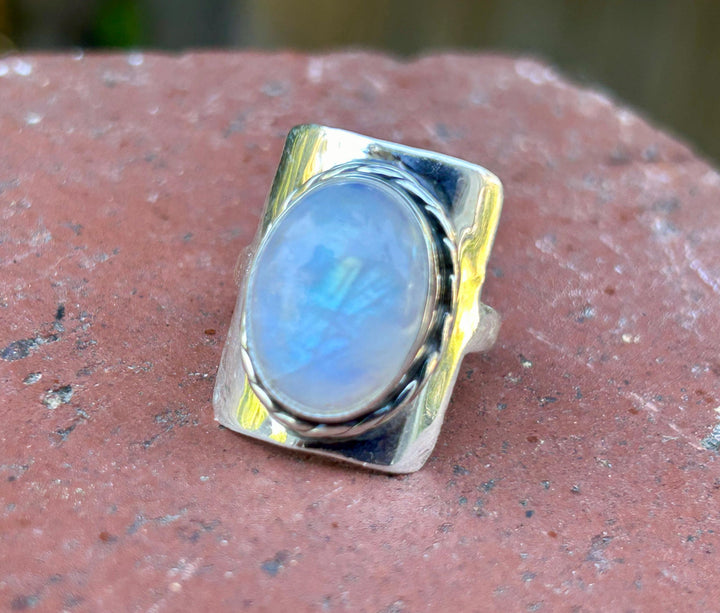 Sterling Silver Rainbow Moonstone Ring: Boho Statement Jewelry
