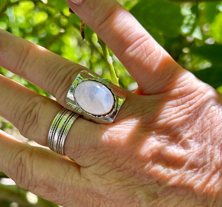 Sterling Silver Rainbow Moonstone Ring: Boho Statement Jewelry