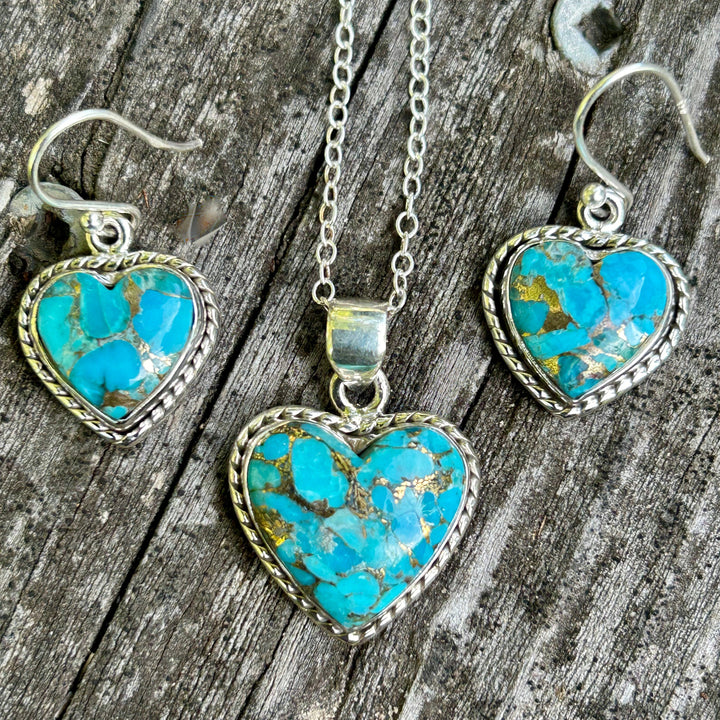 Turquoise Copper Matrix Heart Pendant & Earrings Set-Sterling Silver