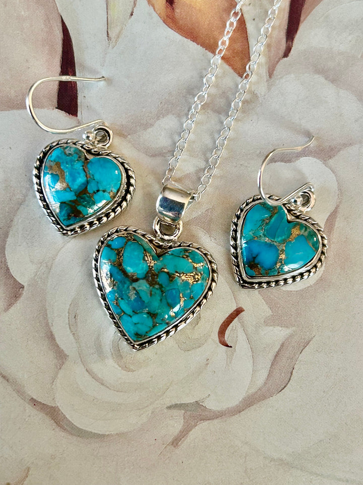 Turquoise Copper Matrix Heart Pendant & Earrings Set-Sterling Silver