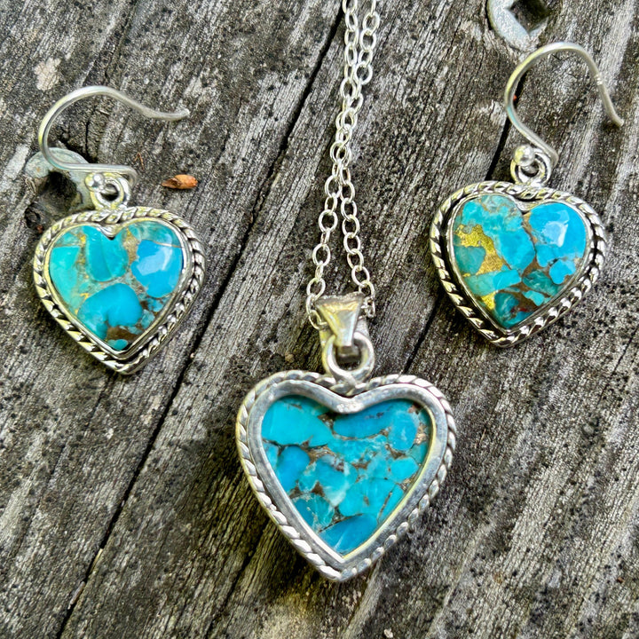 Turquoise Copper Matrix Heart Pendant & Earrings Set-Sterling Silver