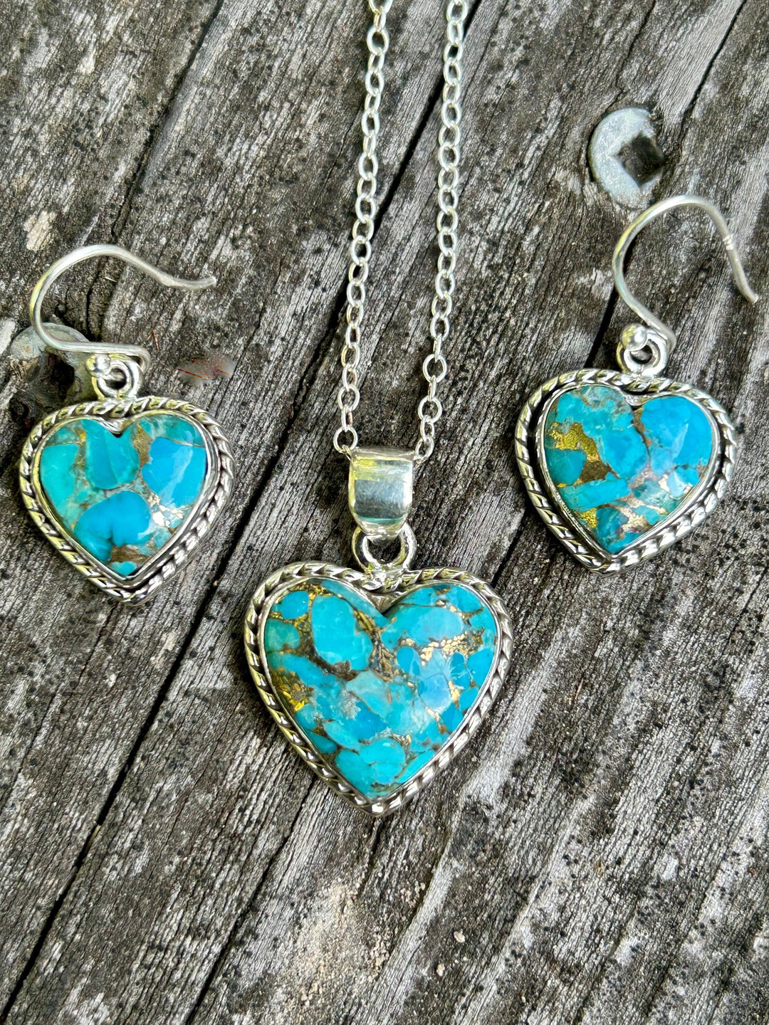 Turquoise Copper Matrix Heart Pendant & Earrings Set-Sterling Silver
