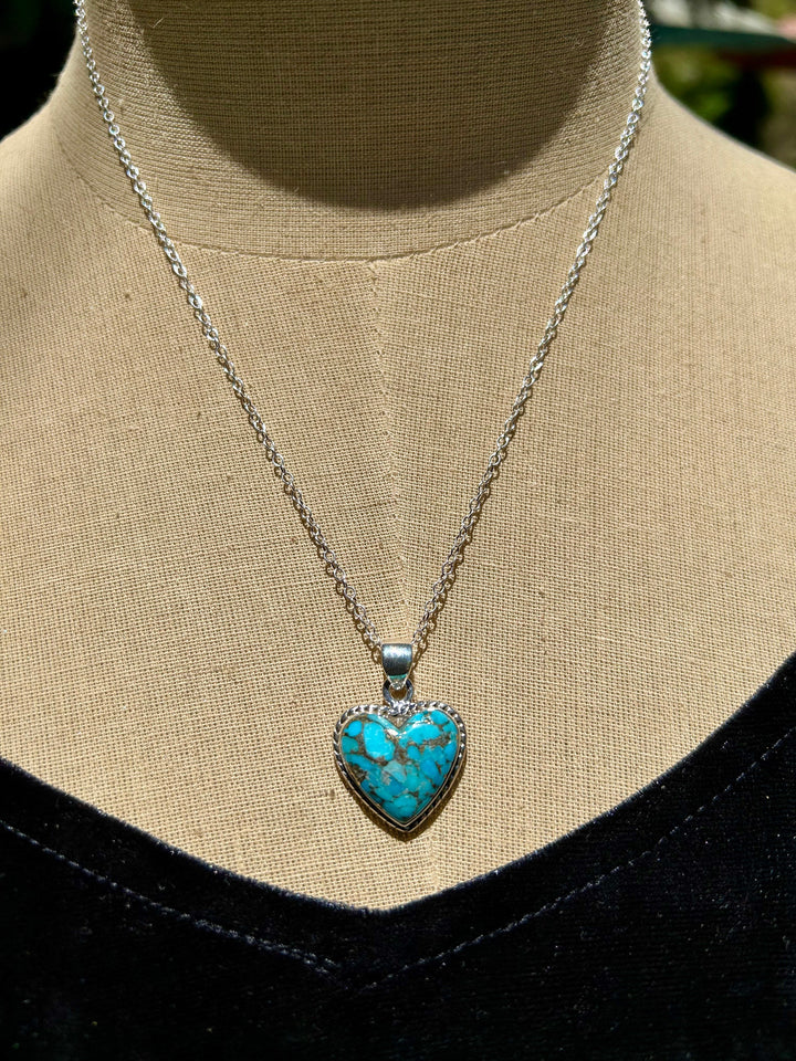 Turquoise Copper Matrix Heart Pendant & Earrings Set-Sterling Silver
