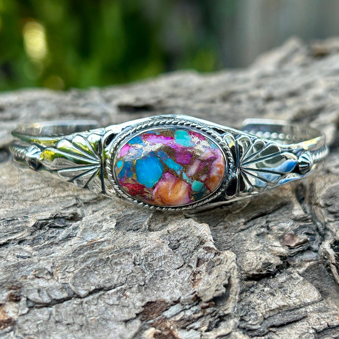 Turquoise Rainbow Spiny Bracelet Cuff  Sterling Silver Pink Dalia Adjustable Southwestern Design Gift for Her