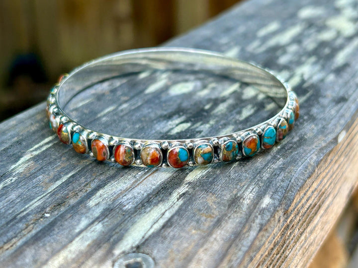 Spiny Oyster and Turquoise Silver Bangle Turquoise All Around Bangle Southwestern Style Bracelet Rare find