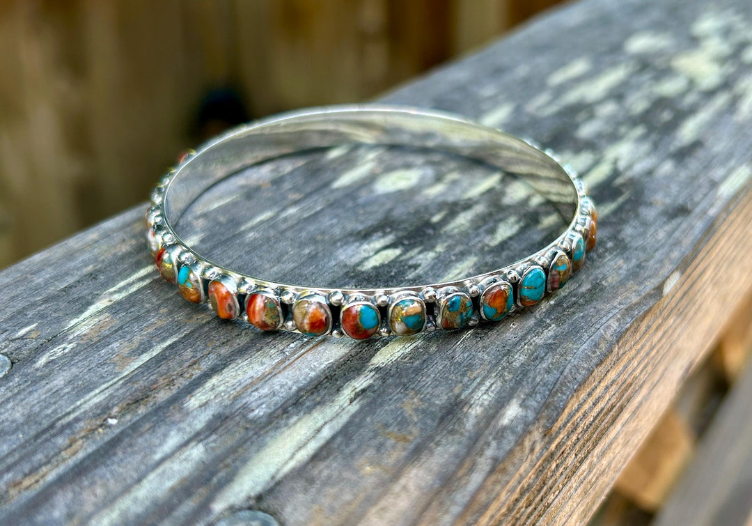 Spiny Oyster and Turquoise Silver Bangle Turquoise All Around Bangle Southwestern Style Bracelet Rare find