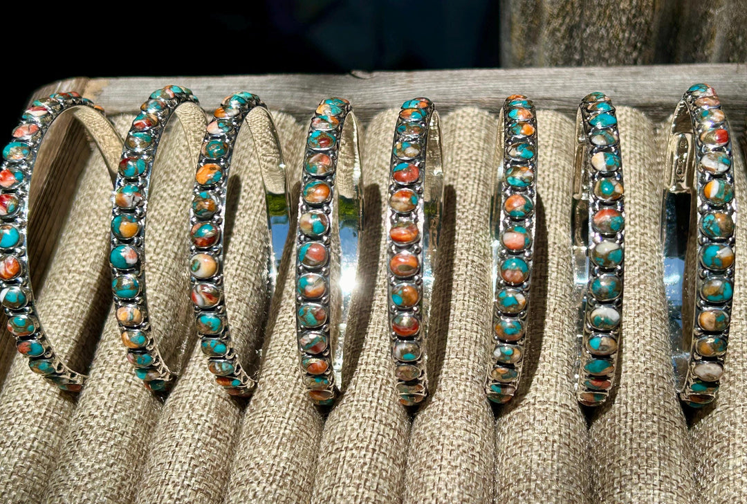 Spiny Oyster and Turquoise Silver Bangle Turquoise All Around Bangle Southwestern Style Bracelet Rare find