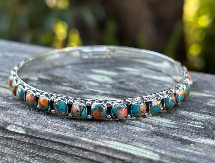Spiny Oyster and Turquoise Silver Bangle Turquoise All Around Bangle Southwestern Style Bracelet Rare find