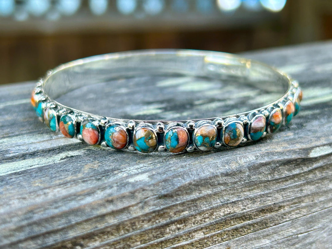 Spiny Oyster and Turquoise Silver Bangle Turquoise All Around Bangle Southwestern Style Bracelet Rare find