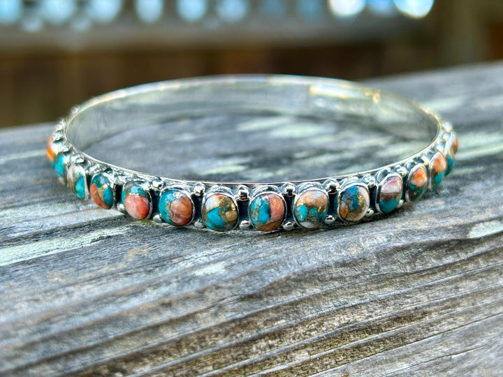 Spiny Oyster and Turquoise Silver Bangle Turquoise All Around Bangle Southwestern Style Bracelet Rare find