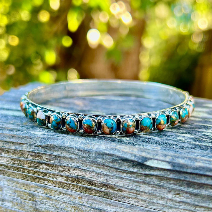 Spiny Oyster and Turquoise Silver Bangle Turquoise All Around Bangle Southwestern Style Bracelet Rare find