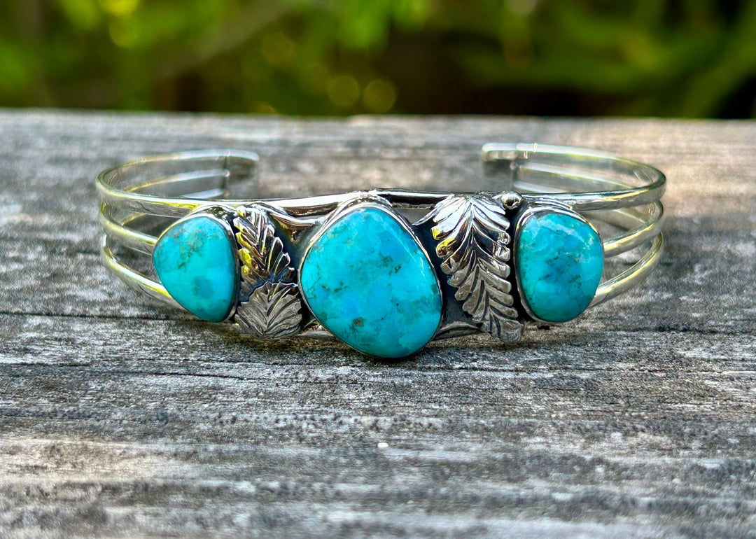 Genuine Turquoise Silver Feather 3 Stone Bracelet Turquoise Cuff Southwestern Style Cuff