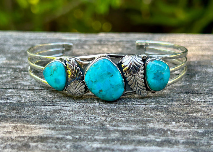 Genuine Turquoise Silver Feather 3 Stone Bracelet Turquoise Cuff Southwestern Style Cuff