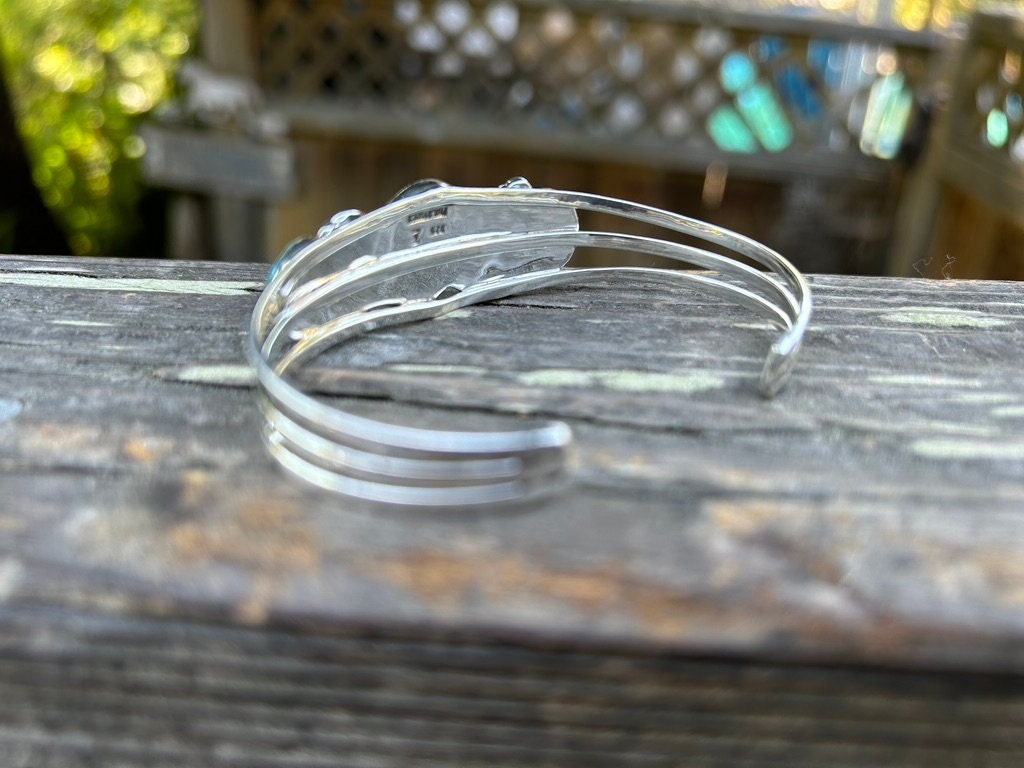 Genuine Turquoise Silver Feather 3 Stone Bracelet Turquoise Cuff Southwestern Style Cuff