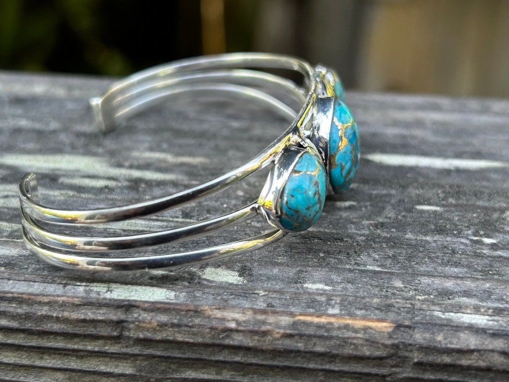 Genuine Turquoise Silver Feather 3 Stone Bracelet Turquoise Cuff Southwestern Style Cuff