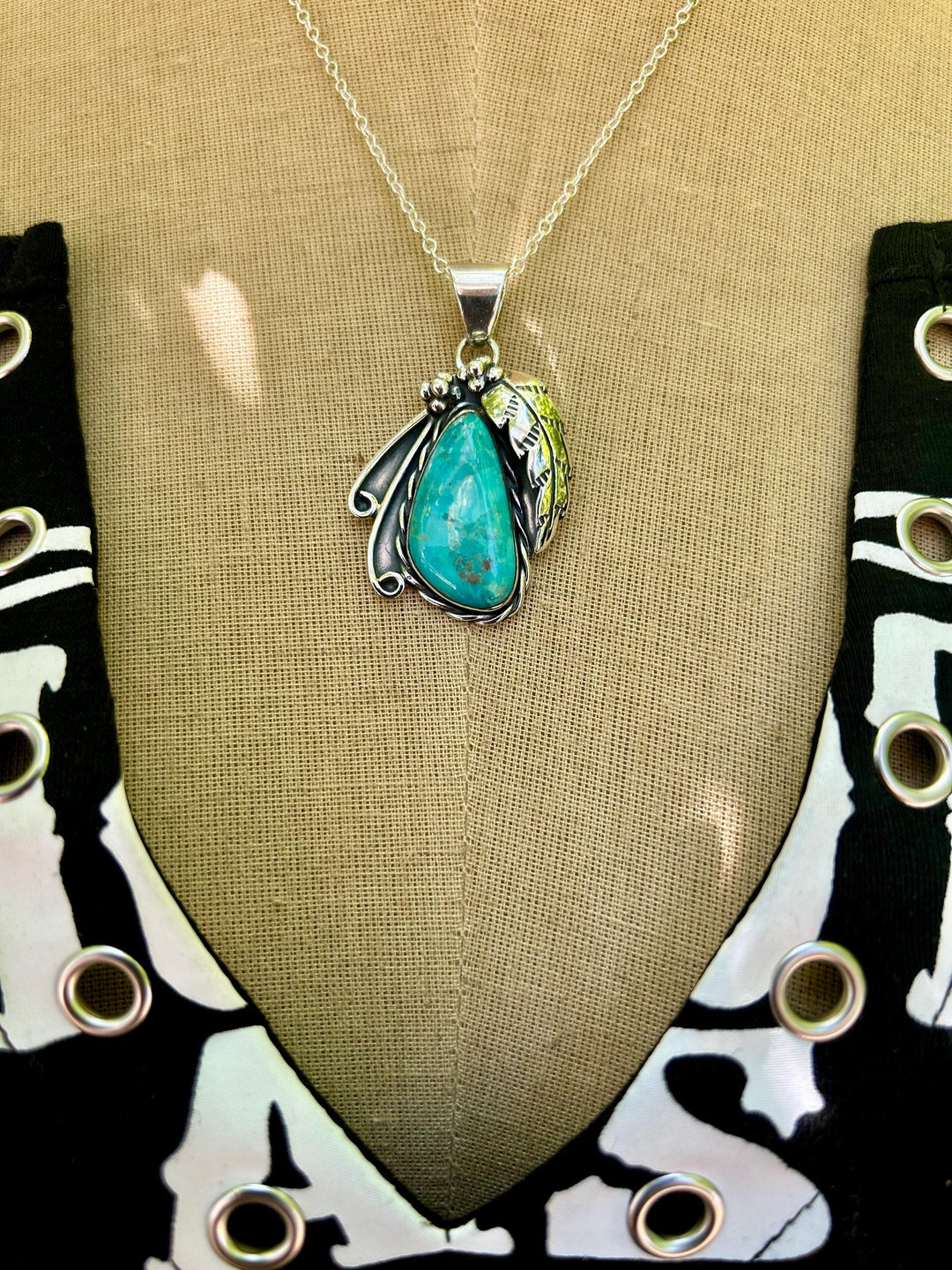 Turquoise Feather Pendant Necklace:  Sterling Chain, Southwestern Design