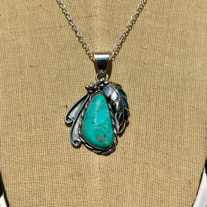 Turquoise Feather Pendant Necklace:  Sterling Chain, Southwestern Design