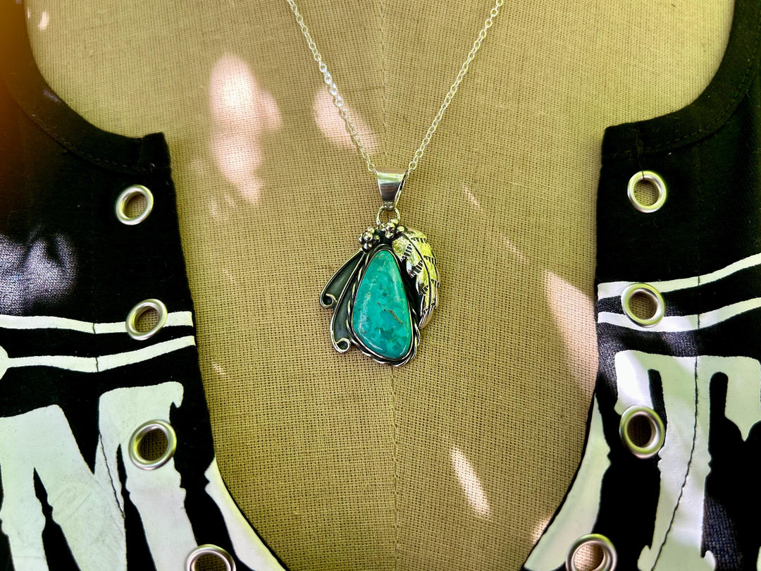 Turquoise Feather Pendant Necklace:  Sterling Chain, Southwestern Design