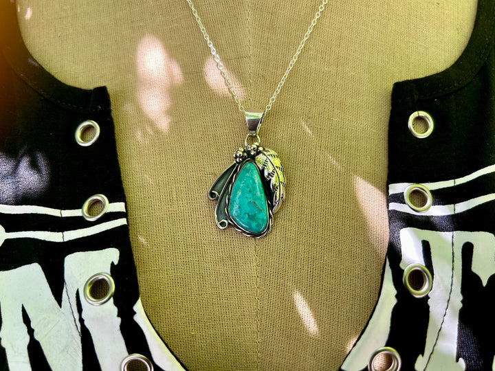 Turquoise Feather Pendant Necklace:  Sterling Chain, Southwestern Design