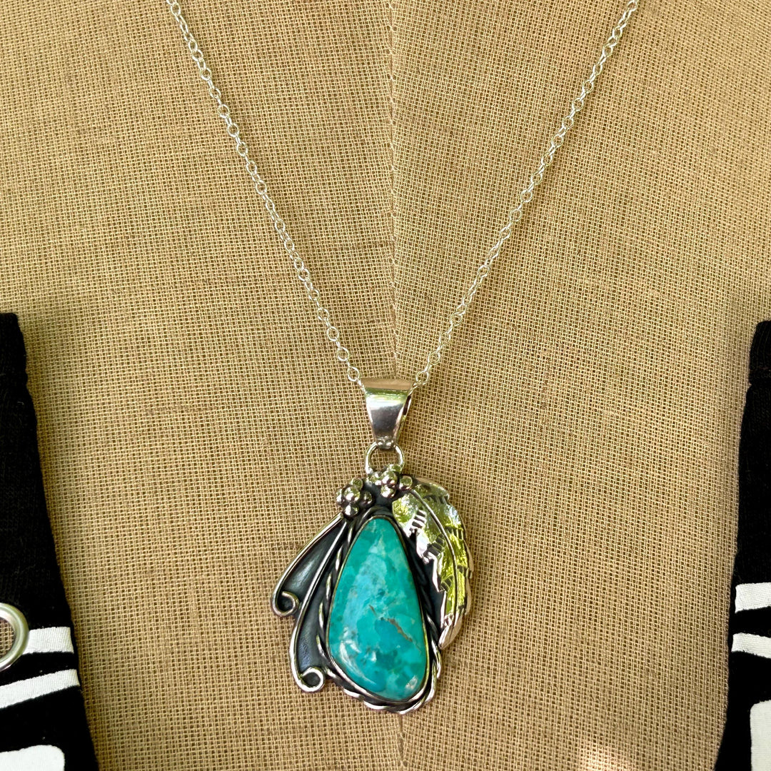 Turquoise Feather Pendant Necklace:  Sterling Chain, Southwestern Design